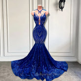 Sequins Royal Blue Sleeveless Mermaid Semi Formal Prom Dresses